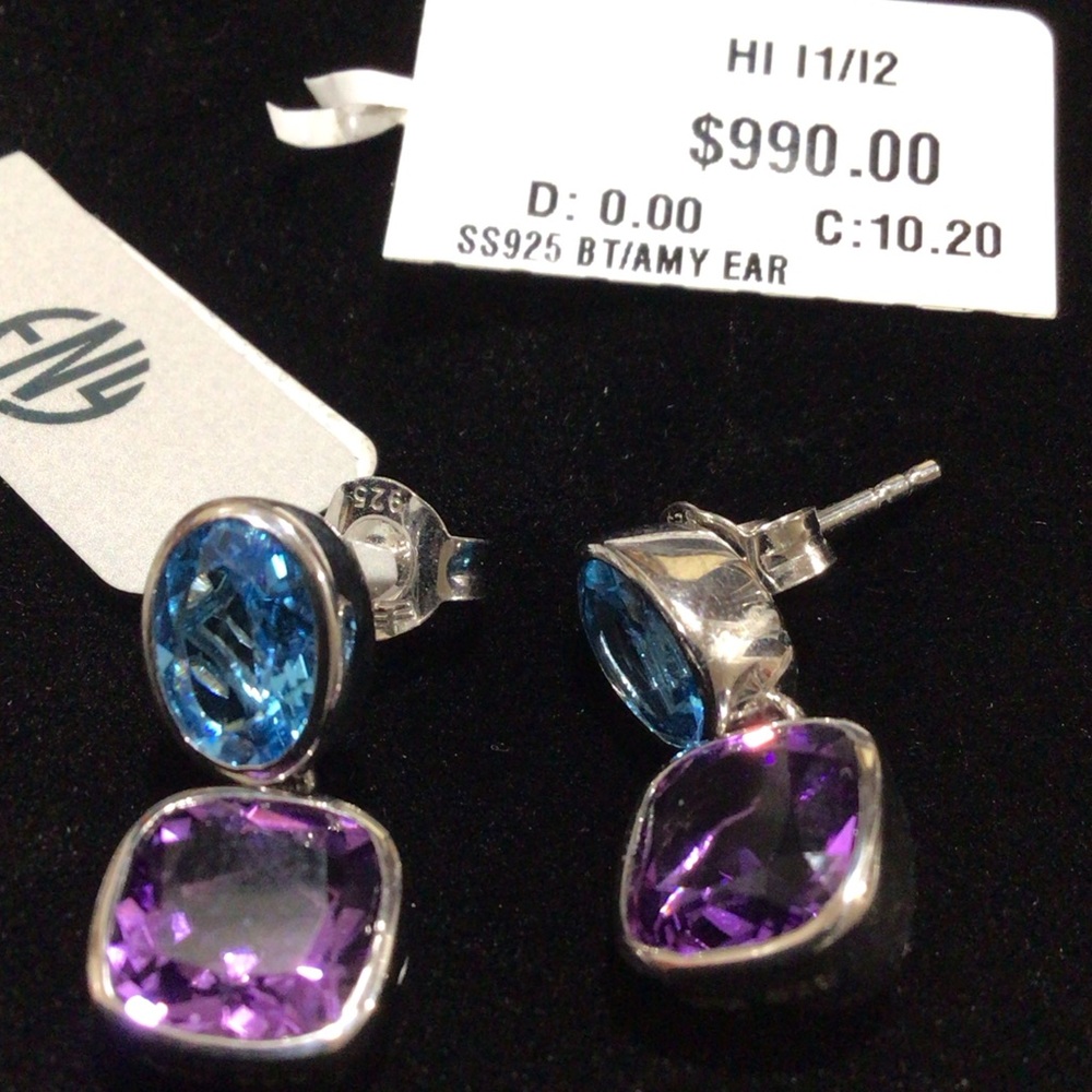 NEW Amethyst & Blue Topaz Sterling Silver Drop Earrings $990